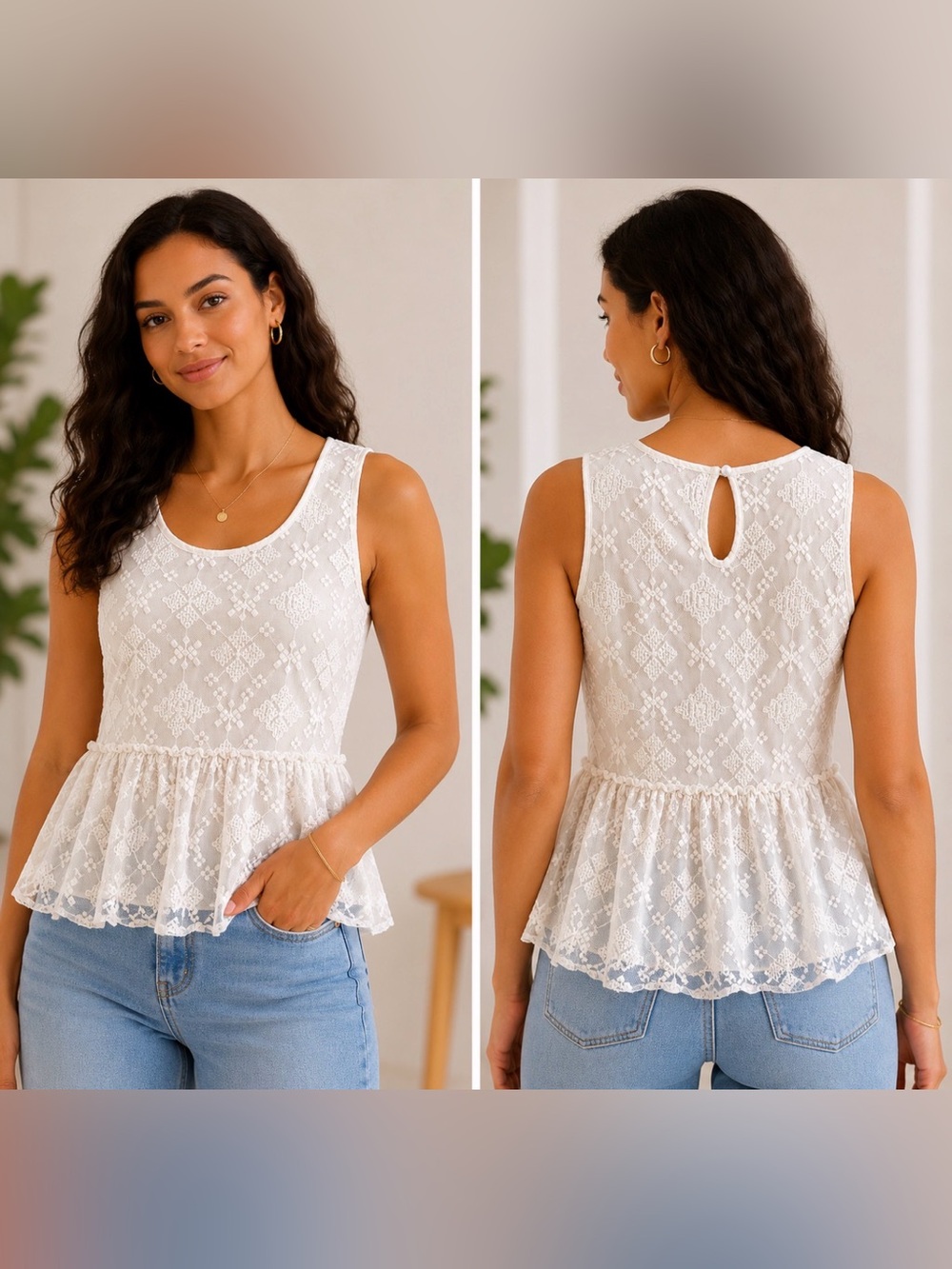 Shasa Cream Lace Peplum Sleeveless Camisole